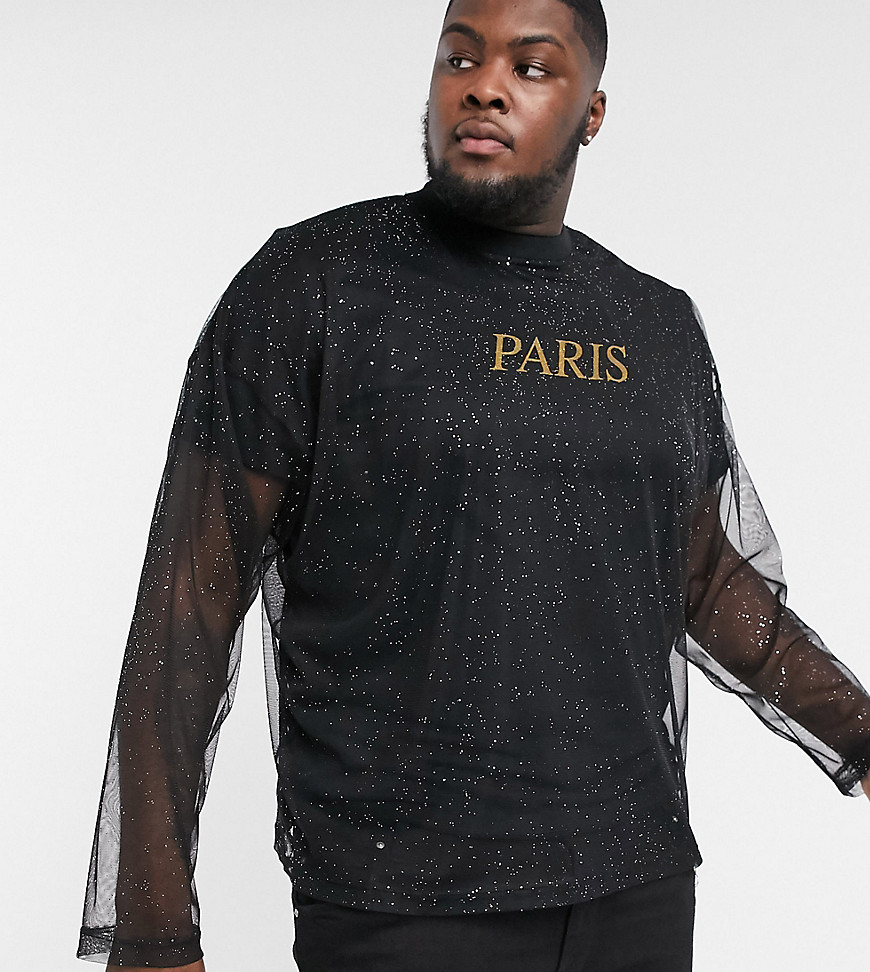 ASOS DESIGN Plus oversized long sleeve t-shirt with gold foil city print in fine mesh-Black