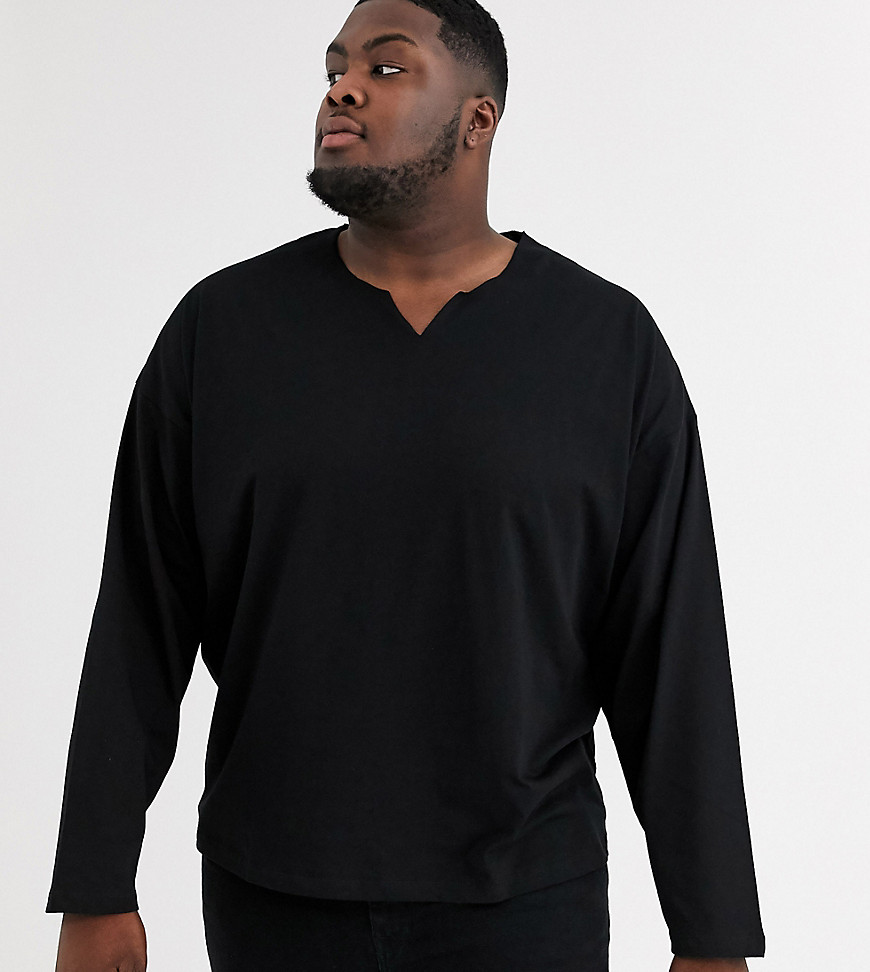 ASOS DESIGN Plus oversized long sleeve t-shirt with raw notch neck in black