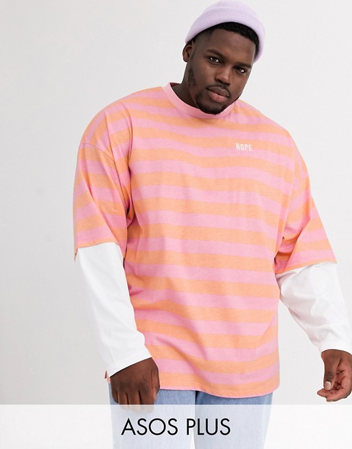 ASOS DESIGN Plus oversized longline long sleeve striped t-shirt with double layered sleeve and embroidery
