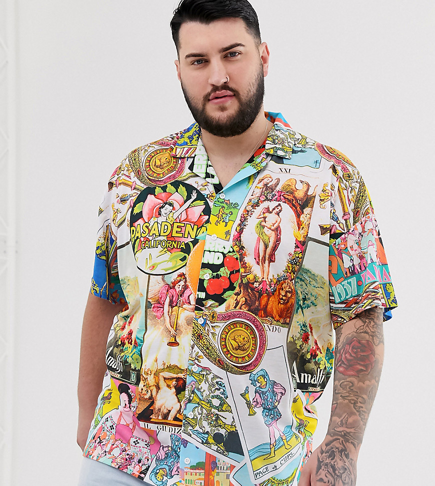 ASOS DESIGN Plus oversized revere polo with all over mixed print-White