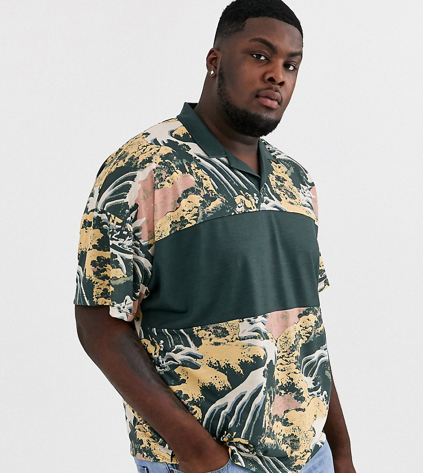 ASOS DESIGN Plus oversized revere polo with all over print and colour block-Green