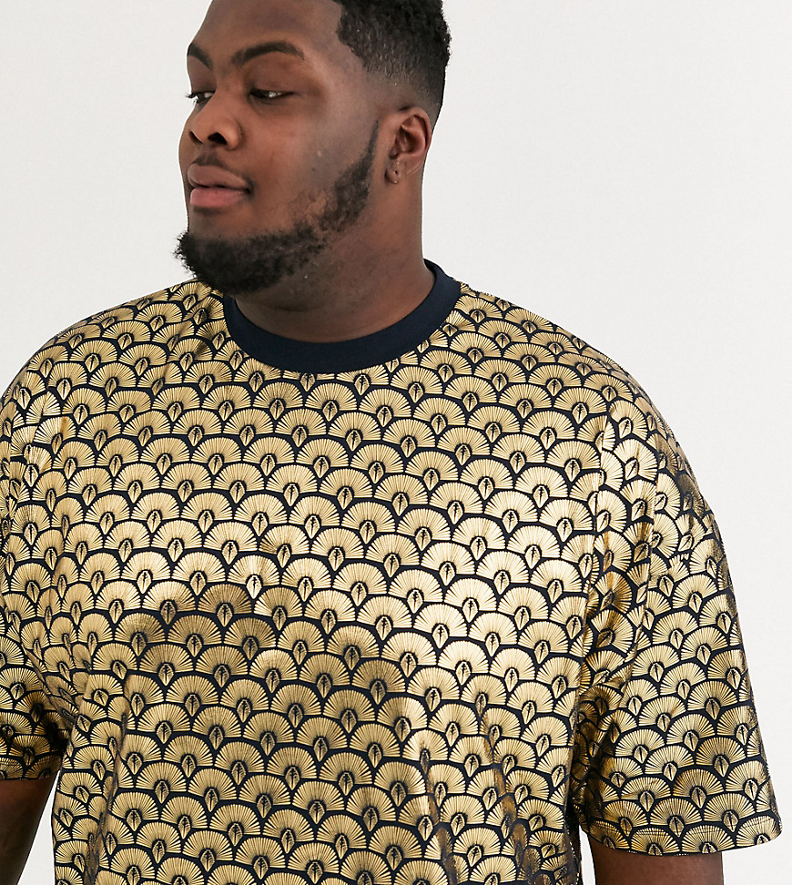 ASOS DESIGN Plus oversized t-shirt in all over deco style gold foil print
