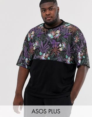 ASOS DESIGN - Plus - Oversized T-shirt met contrasterend paneel en bloemenprint-Zwart