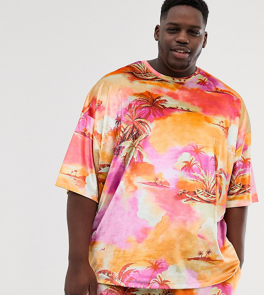 ASOS DESIGN Plus - Oversized T-shirt van combi-set met palmscène-print in fluweel-Multi