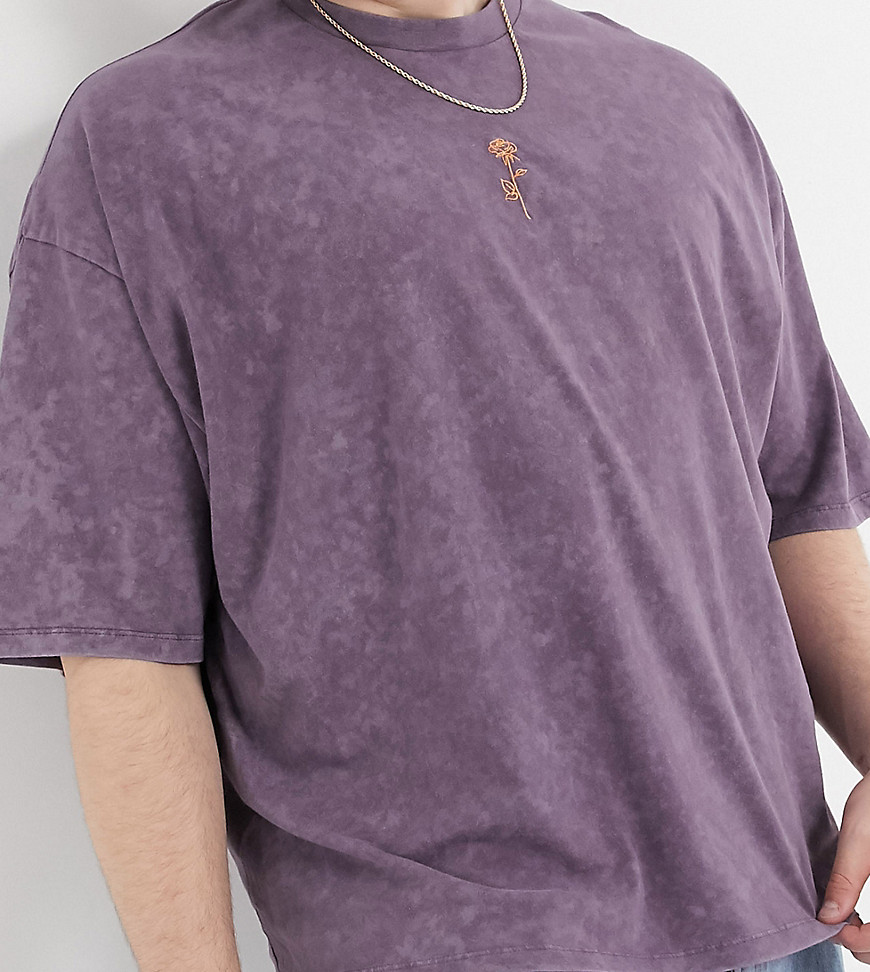 ASOS DESIGN PLUS OVERSIZED T-SHIRT WITH ACID WASH AND ROSE EMBROIDERY IN PURPLE,MINI SINGLE ROSE PL