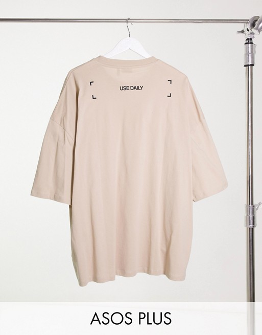 ASOS DESIGN Plus oversized t-shirt with back text slogan print in beige