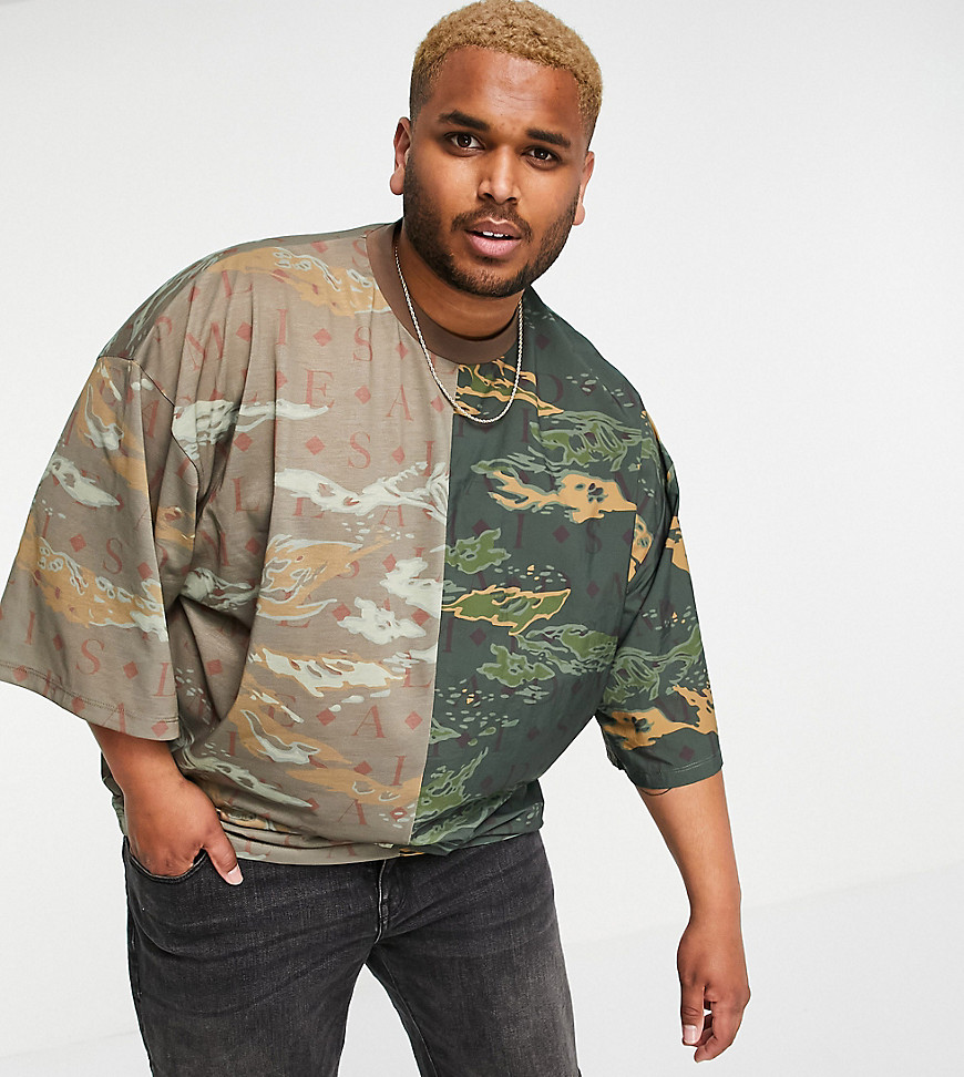 ASOS DESIGN Plus oversized t-shirt with camo splice print in nylon and jersey with 3/4 wide sleeve-Multi