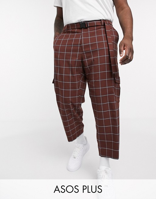 ASOS DESIGN Plus oversized tapered check smart trouser with cargo pockets and belt
