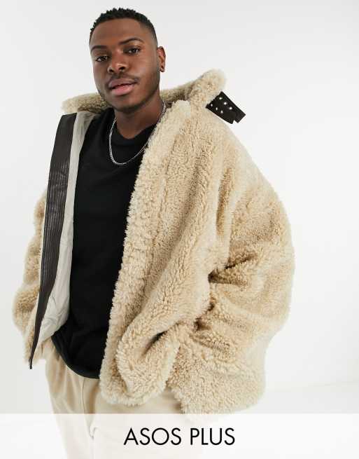 ASOS DESIGN Plus oversized teddy aviator jacket in stone