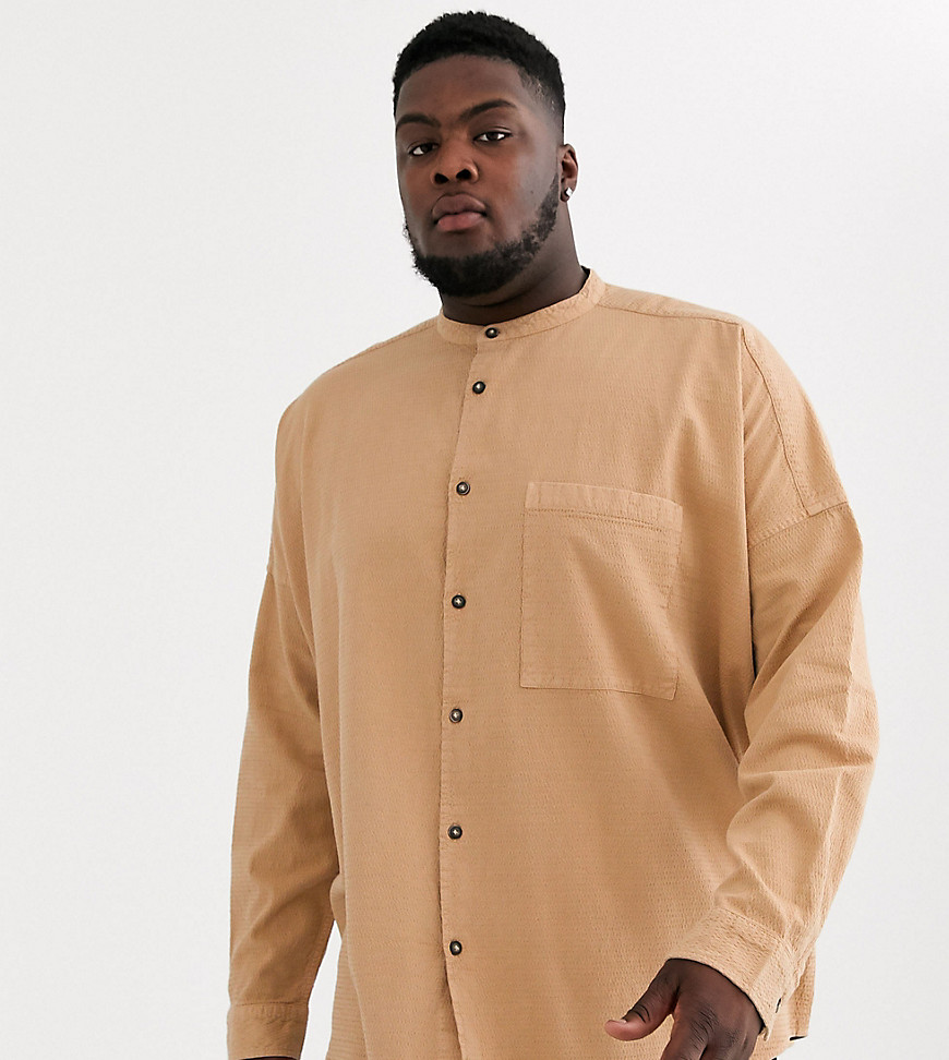 ASOS DESIGN Plus oversized textured shirt in brown in longline