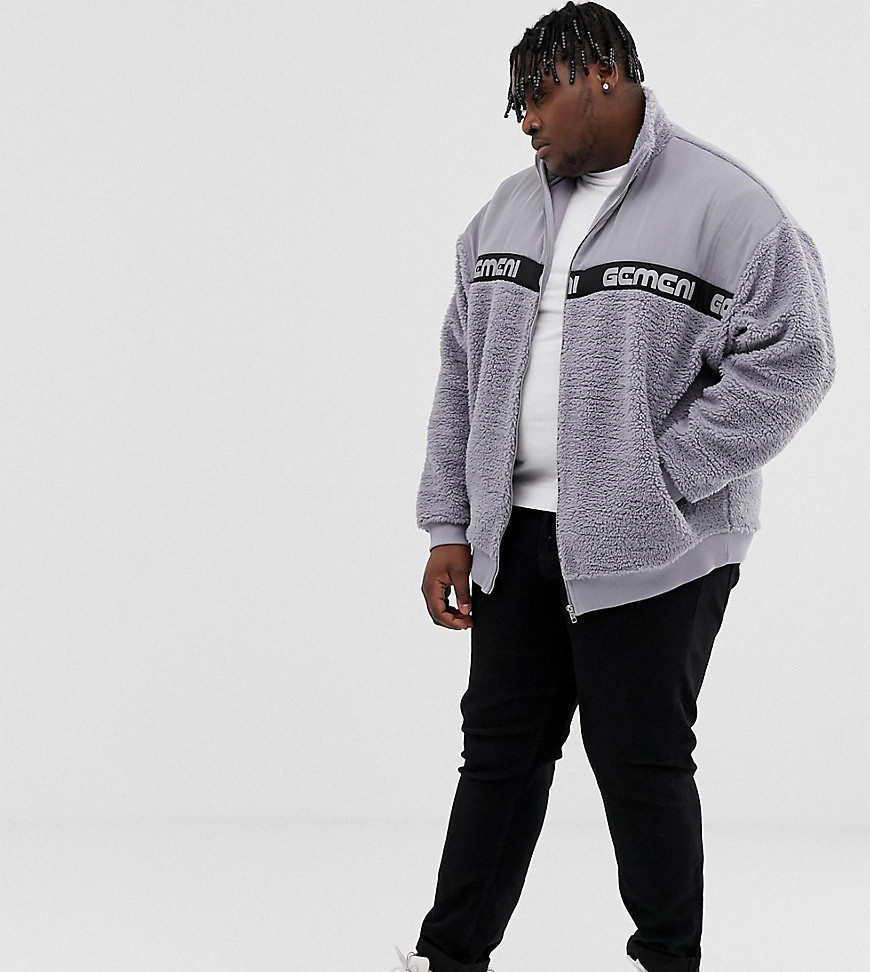 ASOS DESIGN Plus oversized track jacket in teddy borg with text print colour blocking in grey