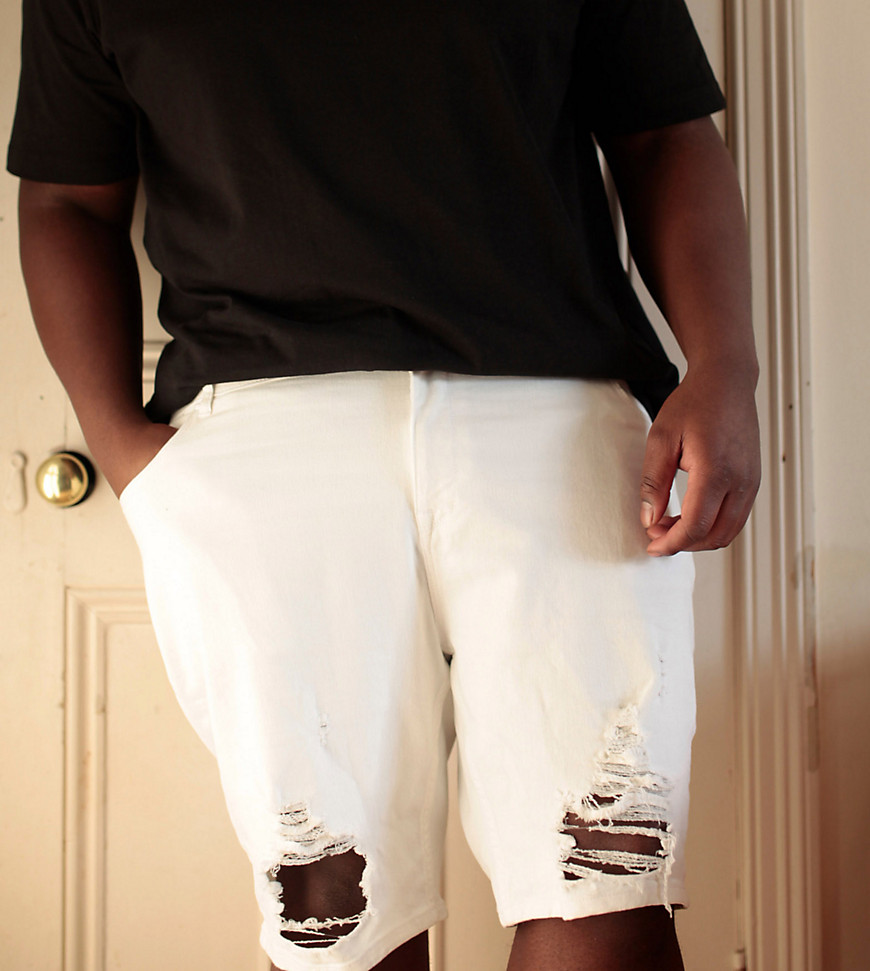 ASOS DESIGN Plus - Pantaloncini di jeans skinny bianchi con strappi effetto smagliato-Bianco