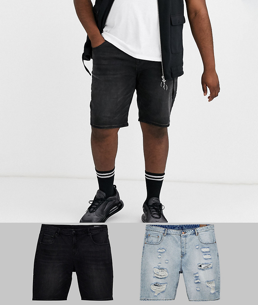 ASOS DESIGN Plus - Pantaloncini di jeans slim lavaggio nero e chiaro con strappi vistosi-Multicolore