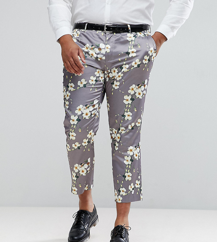 ASOS DESIGN PLUS - Pantaloni cropped skinny eleganti grigio chiaro con stampa a fiori