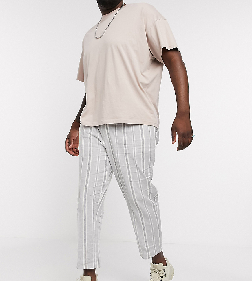 ASOS DESIGN Plus - Pantaloni eleganti affusolati in lino grigio rigato