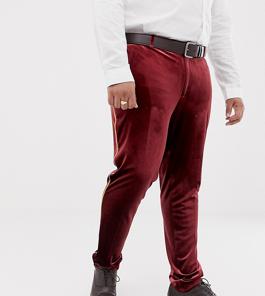 ASOS DESIGN Plus - Pantaloni eleganti super skinny in velluto bordeaux con profili oro-Rosso