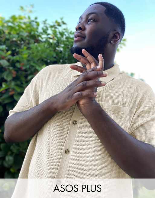 ASOS DESIGN Plus - Polo testurizzata in maglia a nido d'ape grigio pietra
