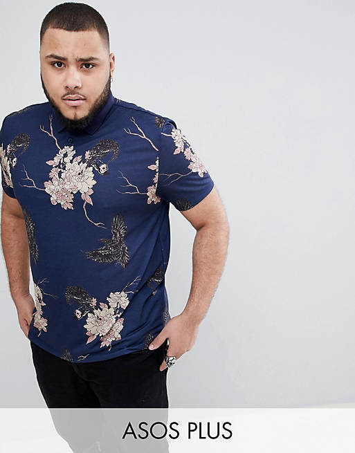 ASOS DESIGN Plus – Polohemd mit durchgehendem floralem Totenkopf-Muster