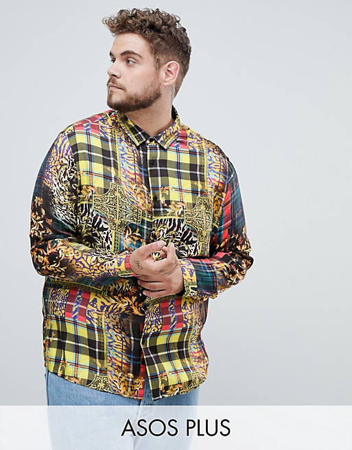 ASOS DESIGN Plus regular fit baroque & check mixed print shirt