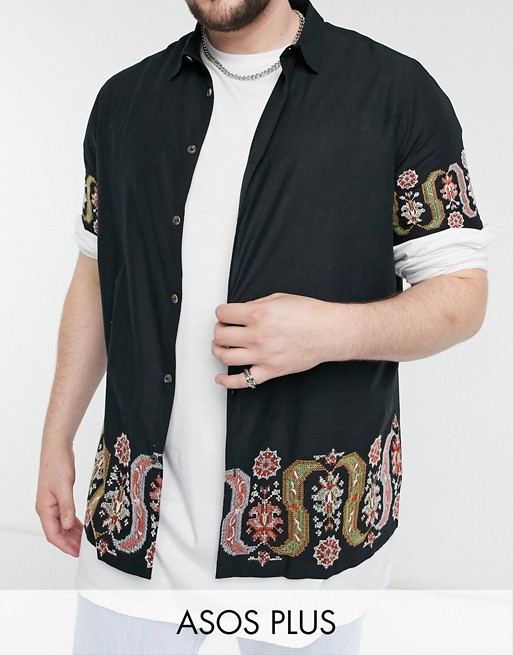 ASOS DESIGN Plus regular fit black shirt with floral embroidery detail