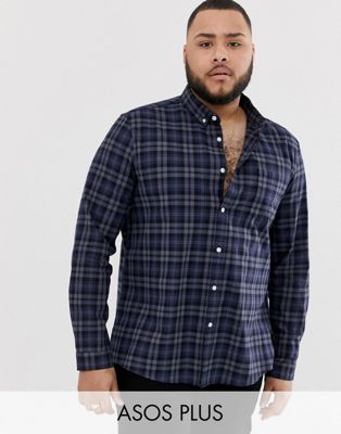 ASOS DESIGN - Plus - Regular-fit geruit overhemd in marineblauw en grijs