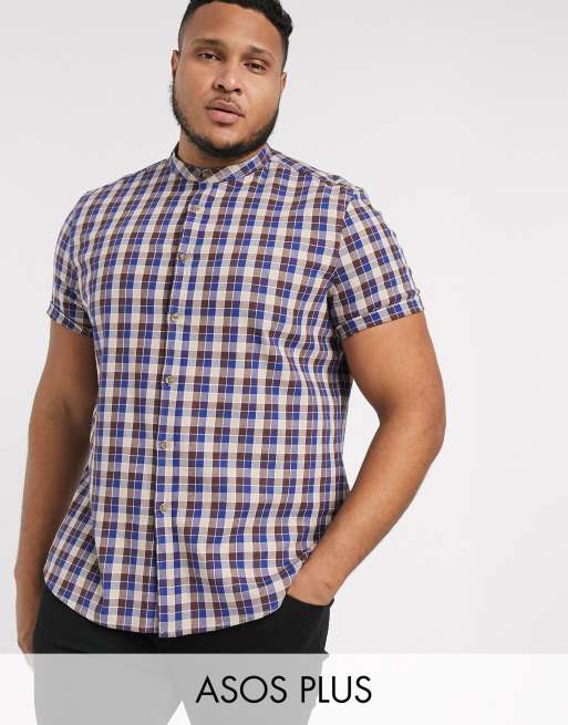 ASOS DESIGN Plus - Regular-fit geruit overhemd zonder kraag in bordeauxrood met ecru