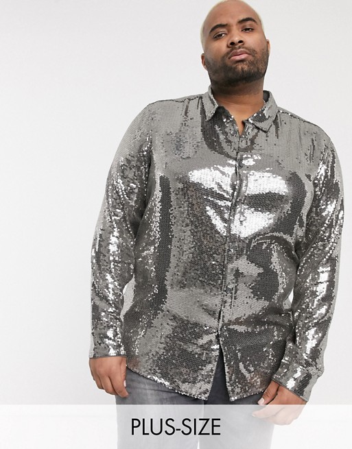 ASOS DESIGN Plus regular fit glitzy sequin shirt in grey