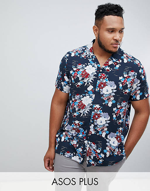 ASOS DESIGN Plus regular fit japanese floral shirt in navy with revere ...