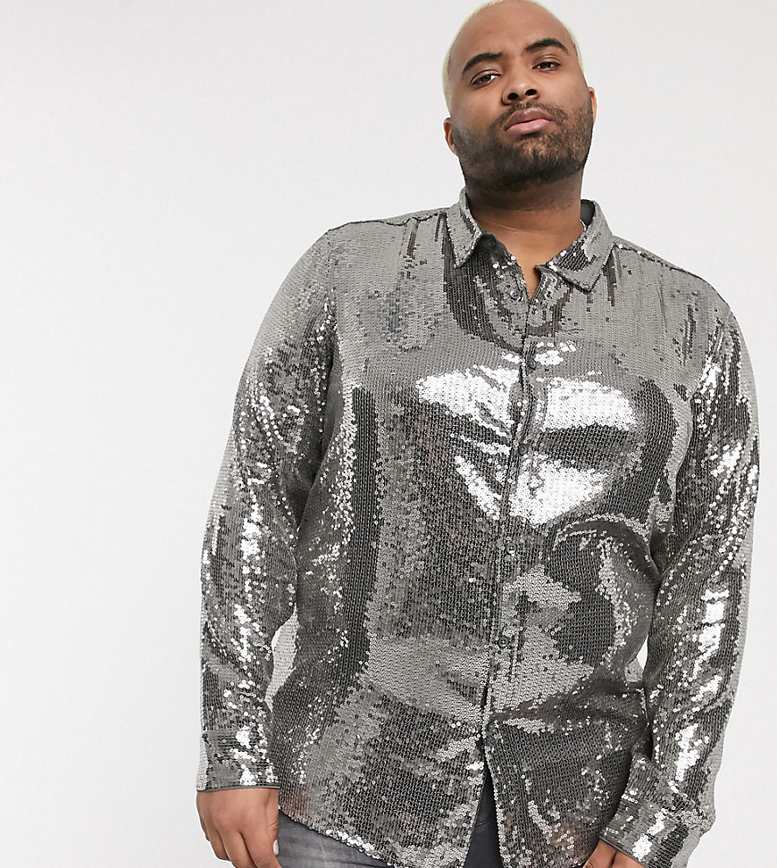 ASOS DESIGN Plus - Regular-fit overhemd met glinsterende lovertjes in grijs