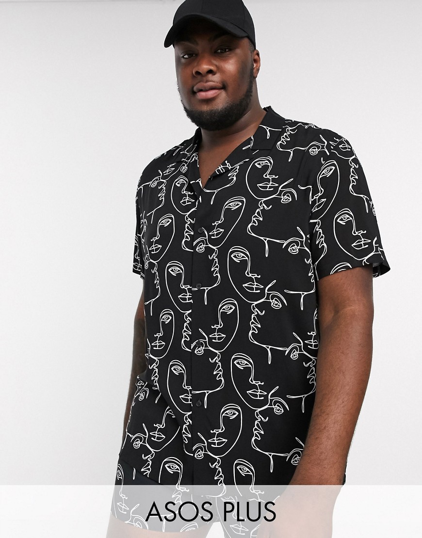 ASOS DESIGN Plus - Regular-fit overhemd met krabbelprint in zwart en wit