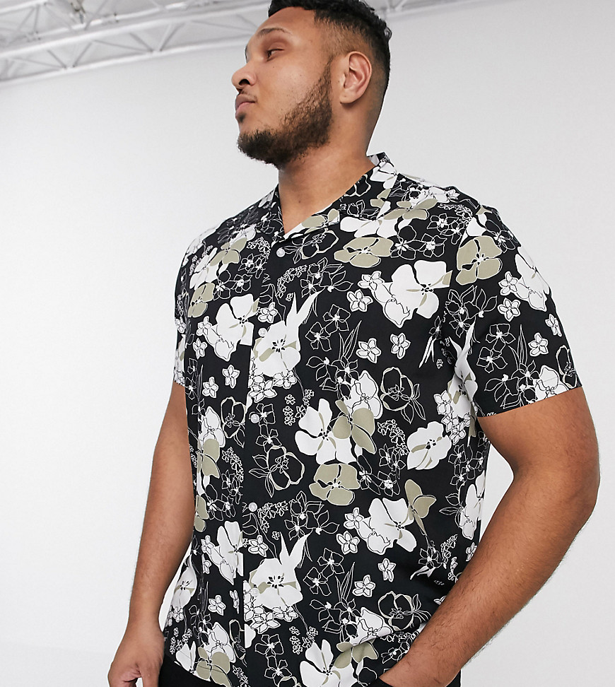 ASOS DESIGN Plus - Regular-fit overhemd met reverskraag en bloemenprint-Zwart