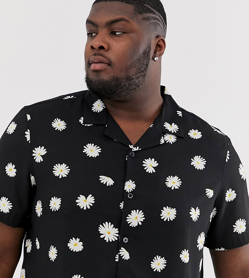 ASOS DESIGN Plus - Regular fit overhemd met reverskraag en madeliefjesprint-Zwart
