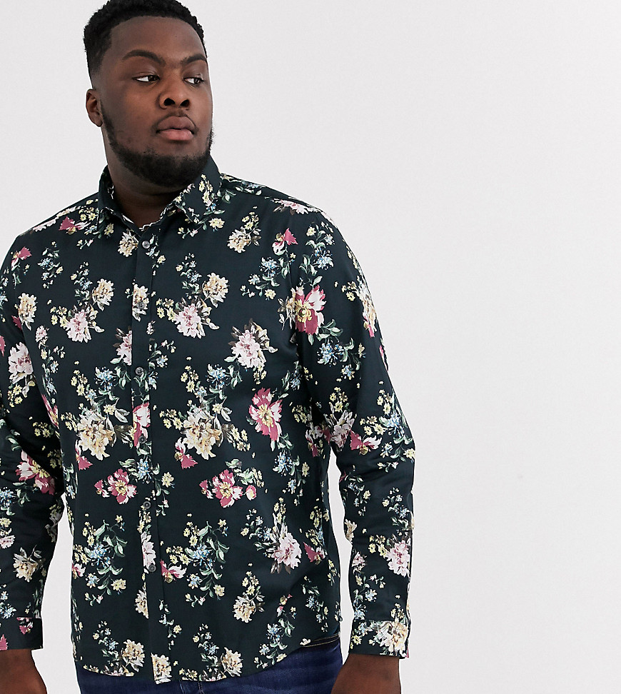 ASOS DESIGN Plus - Regular-fit overhemd van satinet met stretch en bloemenprint in zwart