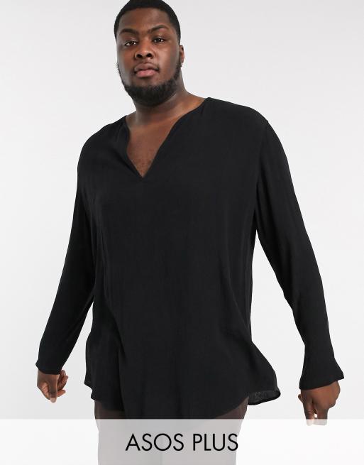 ASOS DESIGN Plus - Regular-fit overhemd zonder sluiting van gekreukte viscose in zwart