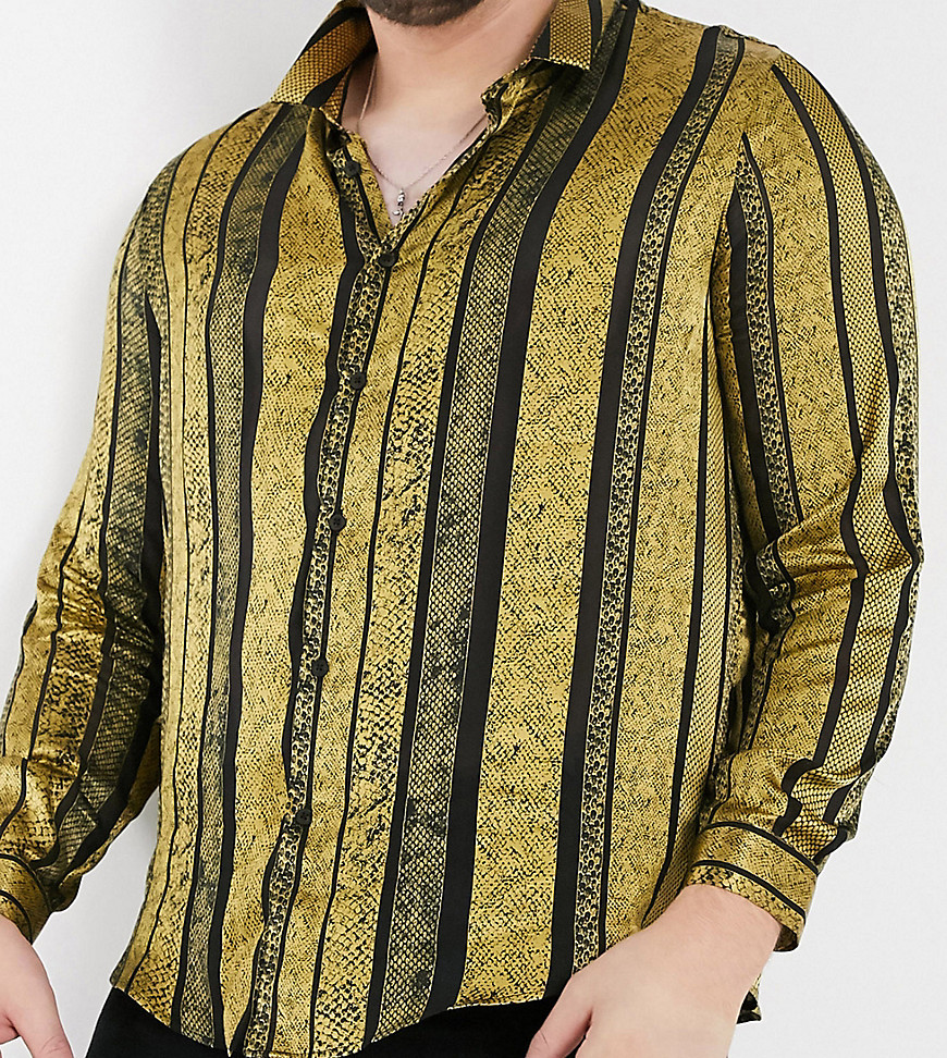 ASOS DESIGN Plus regular fit party shirt in gold animal skin stripe