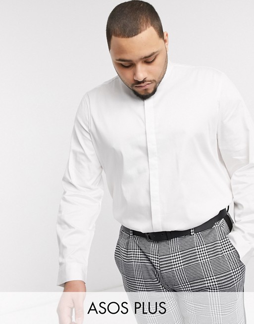 ASOS DESIGN Plus regular fit sateen shirt with mandarin collar in white