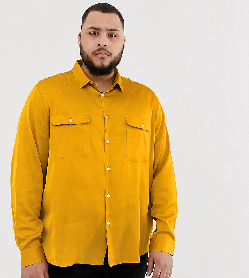 ASOS DESIGN - Plus - Regular-fit satijnen overhemd in mosterdkleur-Geel