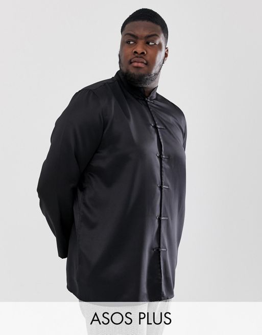 ASOS Regular Fit Satin Mandarin Collar Shirt in Black for Men