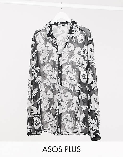 ASOS DESIGN Plus regular fit shirt with black floral print in sheer ...
