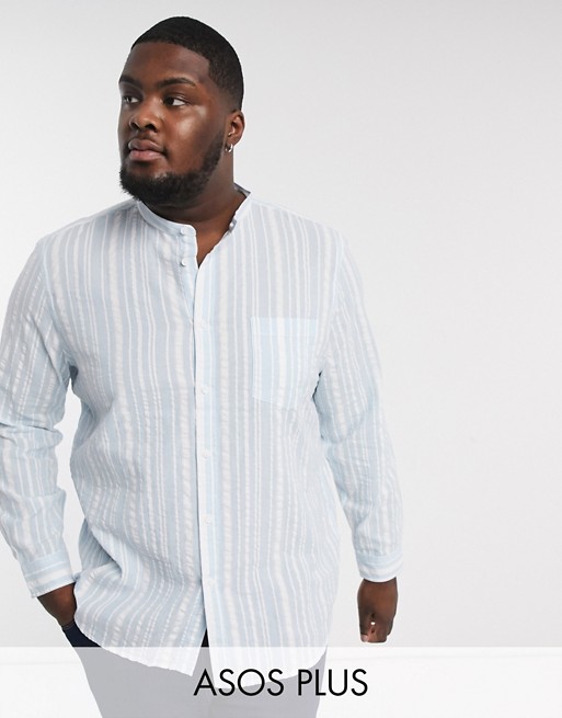 ASOS DESIGN Plus regular fit shirt with grandad collar in seersucker texture stripe