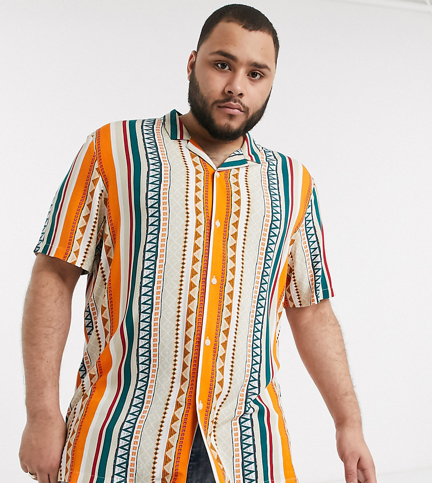 ASOS DESIGN Plus regular fit slub viscose shirt in aztec stripe-Orange