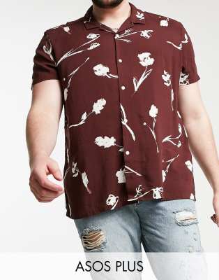 ASOS DESIGN Plus regular revere viscoses shirt in burgundy and white  scribble floral