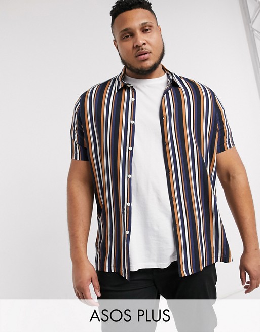 ASOS DESIGN Plus regular stripe shirt in navy and brown