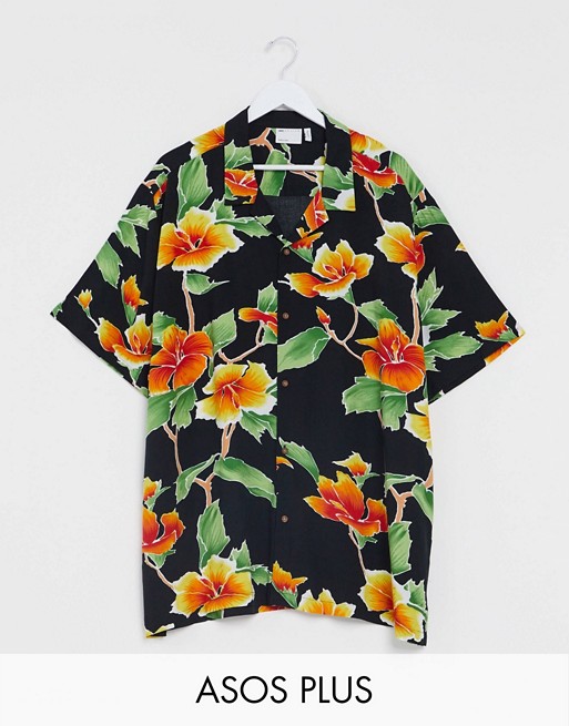 ASOS DESIGN Plus relaxed fit revere shirt in large scale black and yellow floral