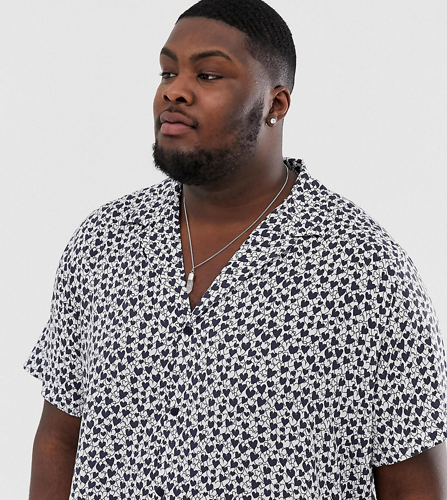 ASOS DESIGN Plus relaxed fit shirt in heart print with deep revere collar-White