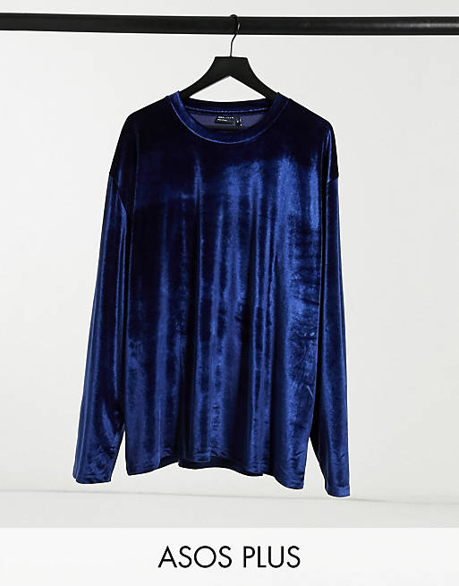 ASOS DESIGN Plus relaxed long sleeve t-shirt with stretch in velour in navy