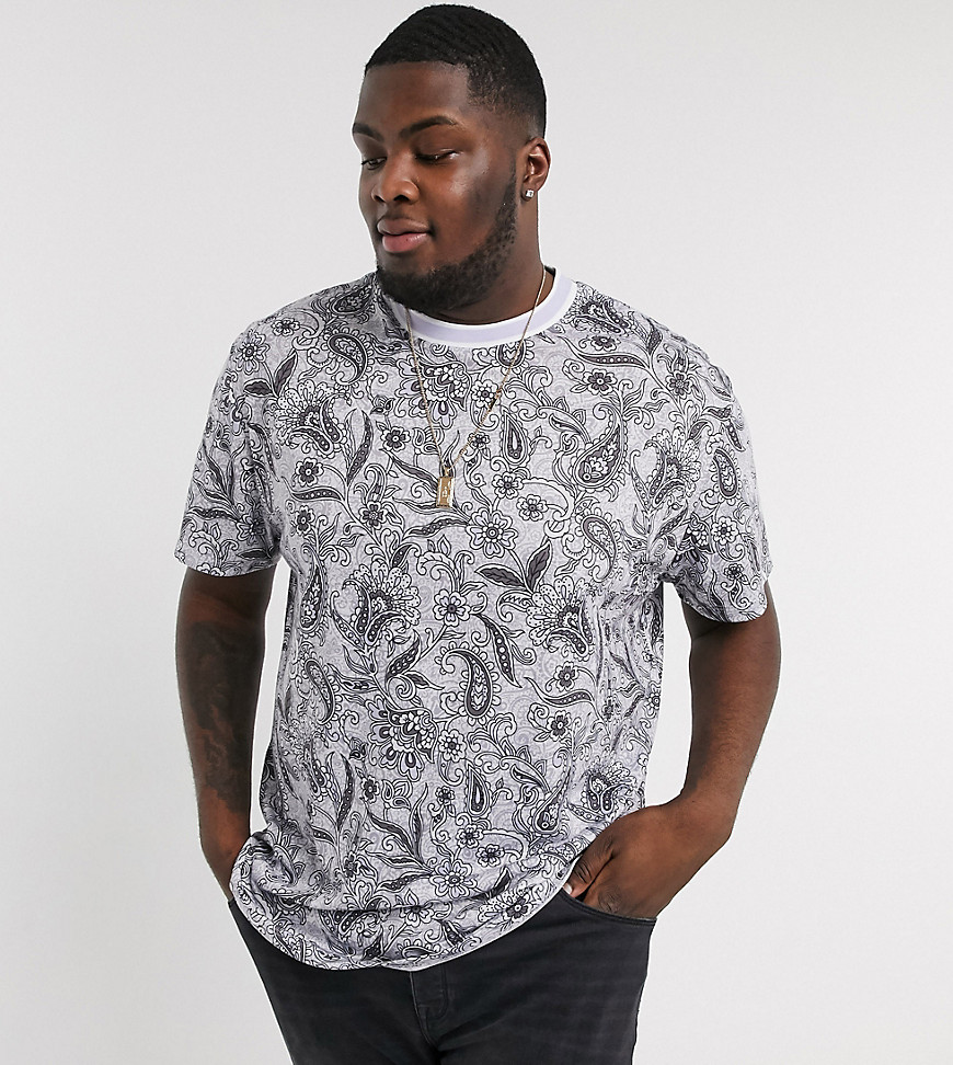ASOS DESIGN PLUS RELAXED LONGLINE T-SHIRT WITH ALL OVER FLORAL AND PAISLEY PRINT IN LILAC LINEN LOOK-MULTI,NOTES PLUS
