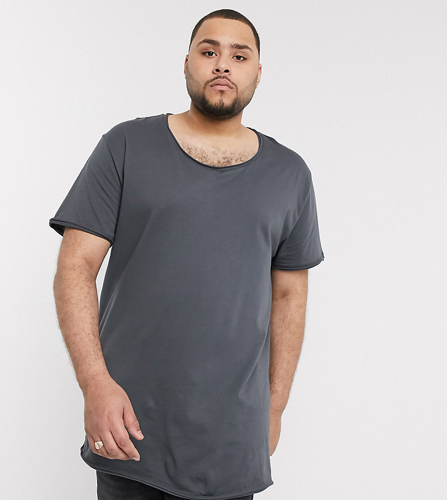 ASOS DESIGN Plus relaxed longline t-shirt with scoop raw edge in washed black