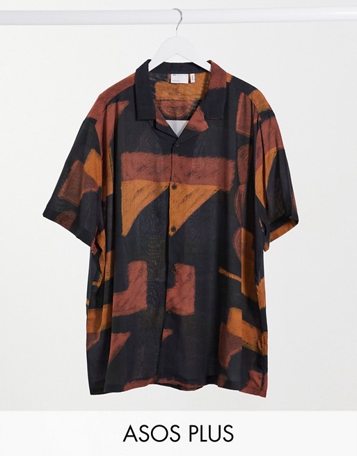 ASOS DESIGN Plus relaxed revere abstract vintage print shirt in brown