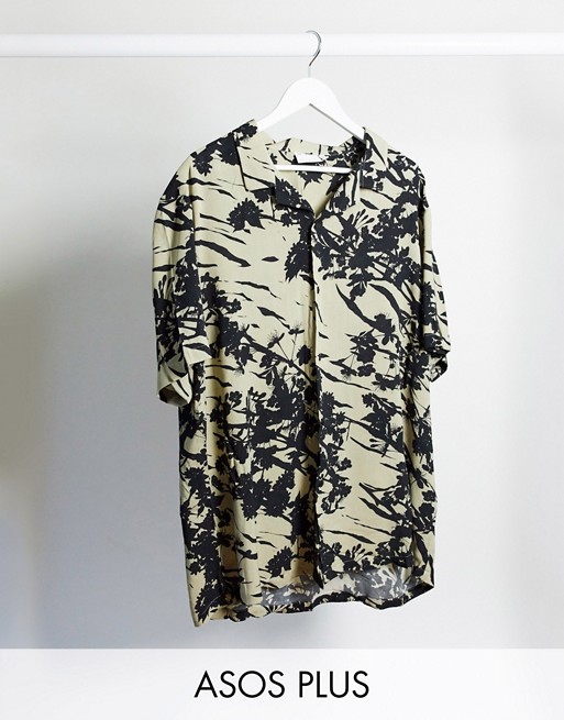 ASOS DESIGN Plus revere collar regular fit shirt in ecru abstract floral print
